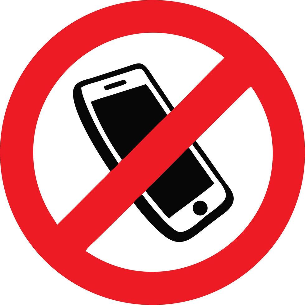 Red circle prohibiting mobile phone use simple, bold graphic. vector