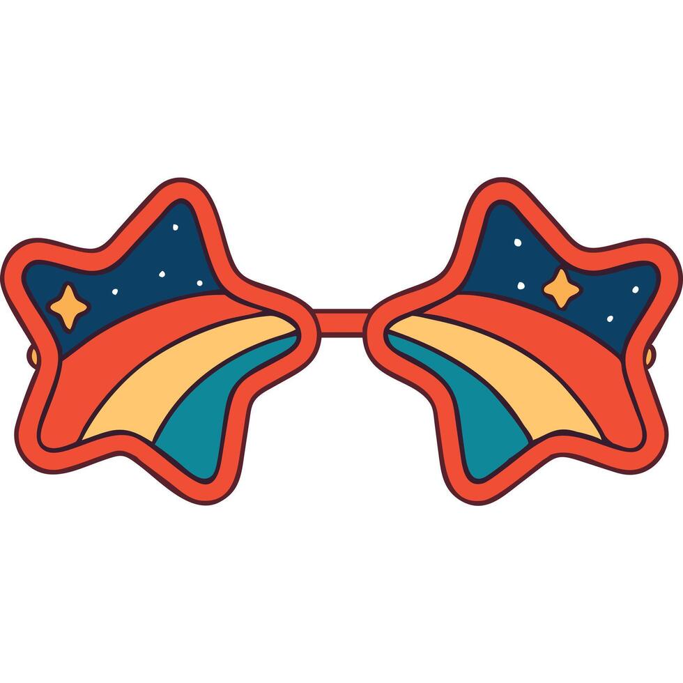 Retro star-shaped sunglasses with a rainbow and night sky design. vector