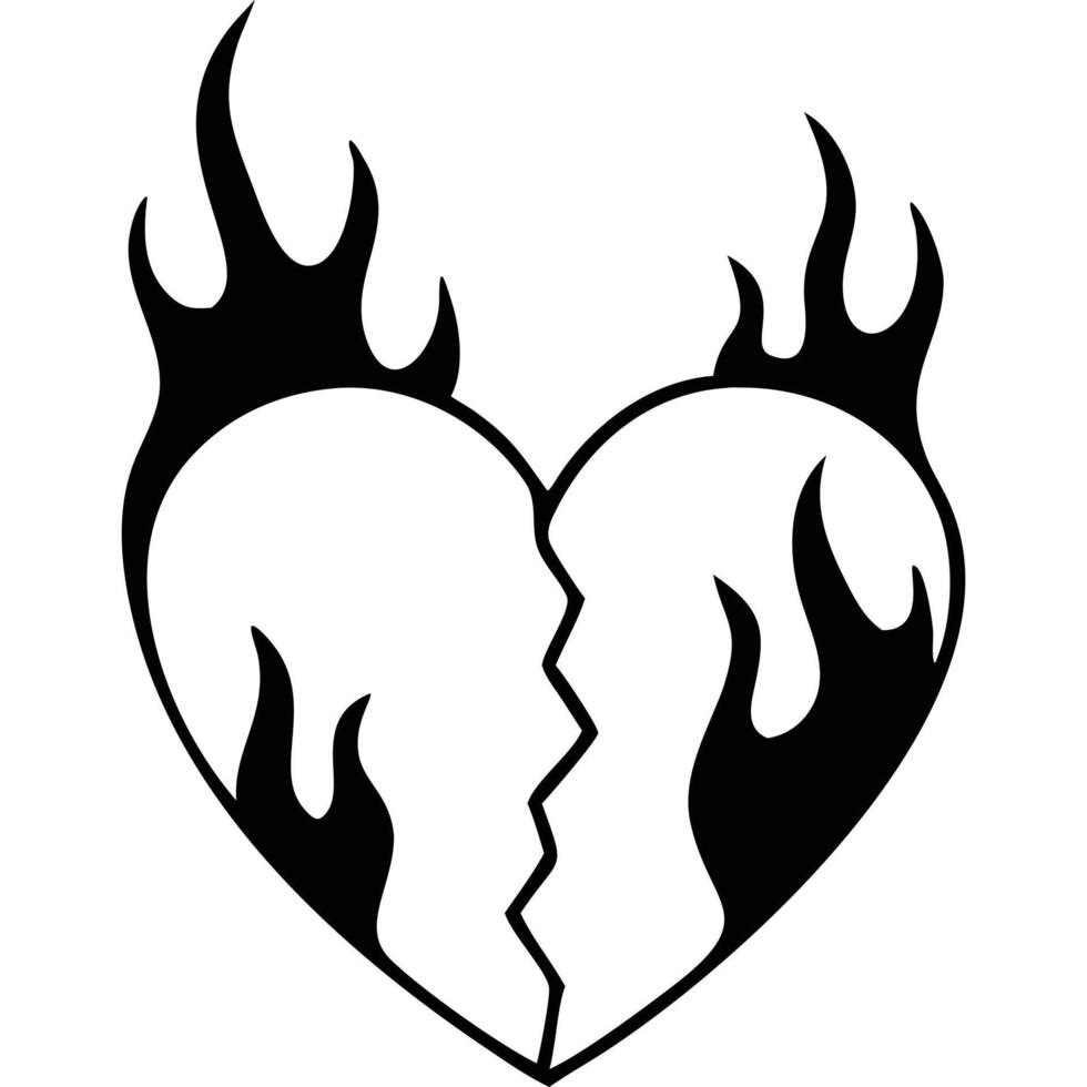 Broken heart with flames, black and white illustration, graphic design element. vector