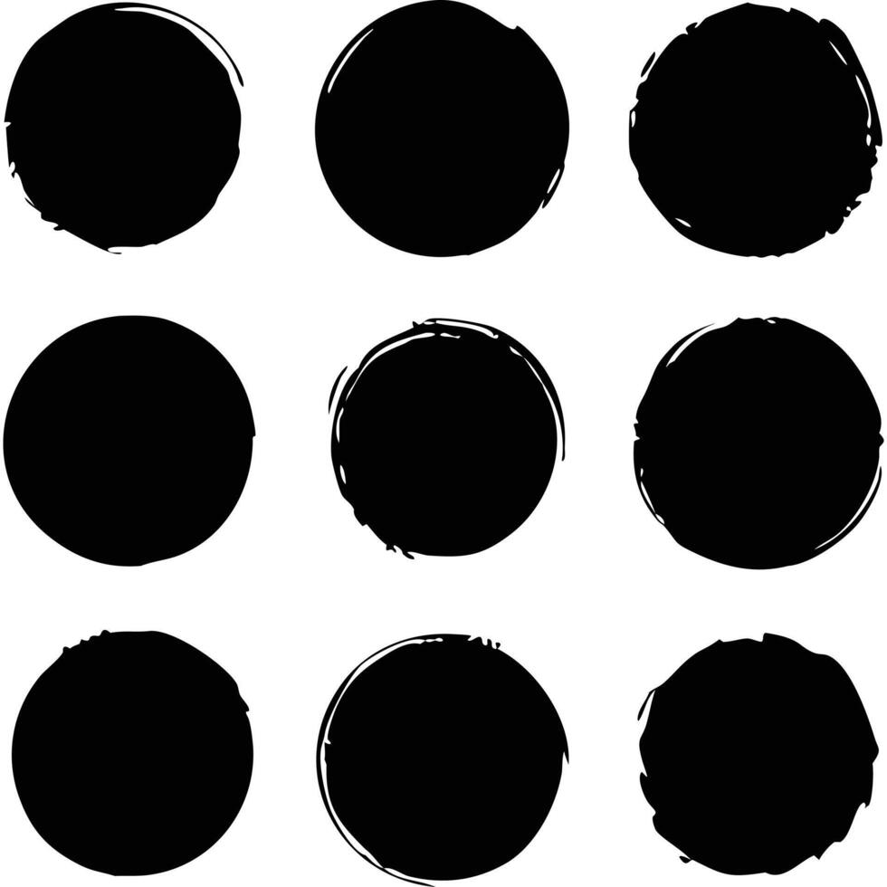 Nine hand-painted black circles on white background perfect for design elements. vector