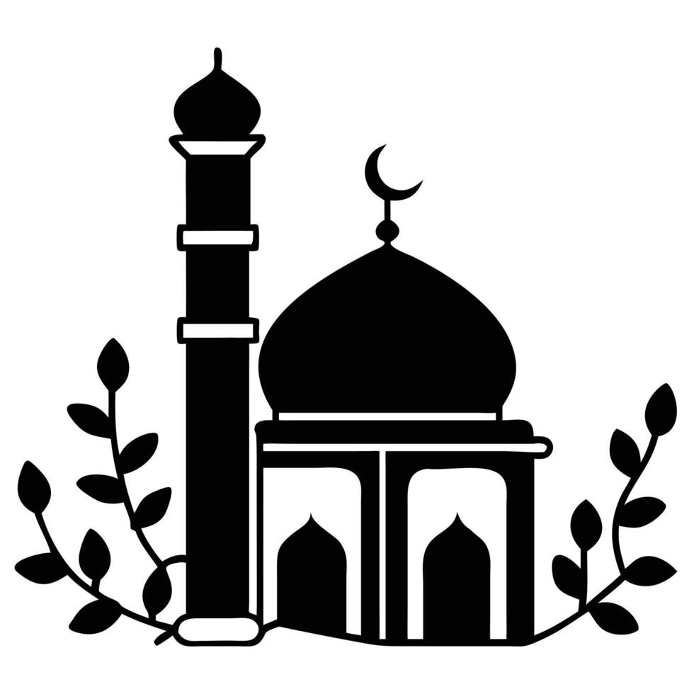Simple black silhouette of a mosque with minaret and decorative leaves. vector
