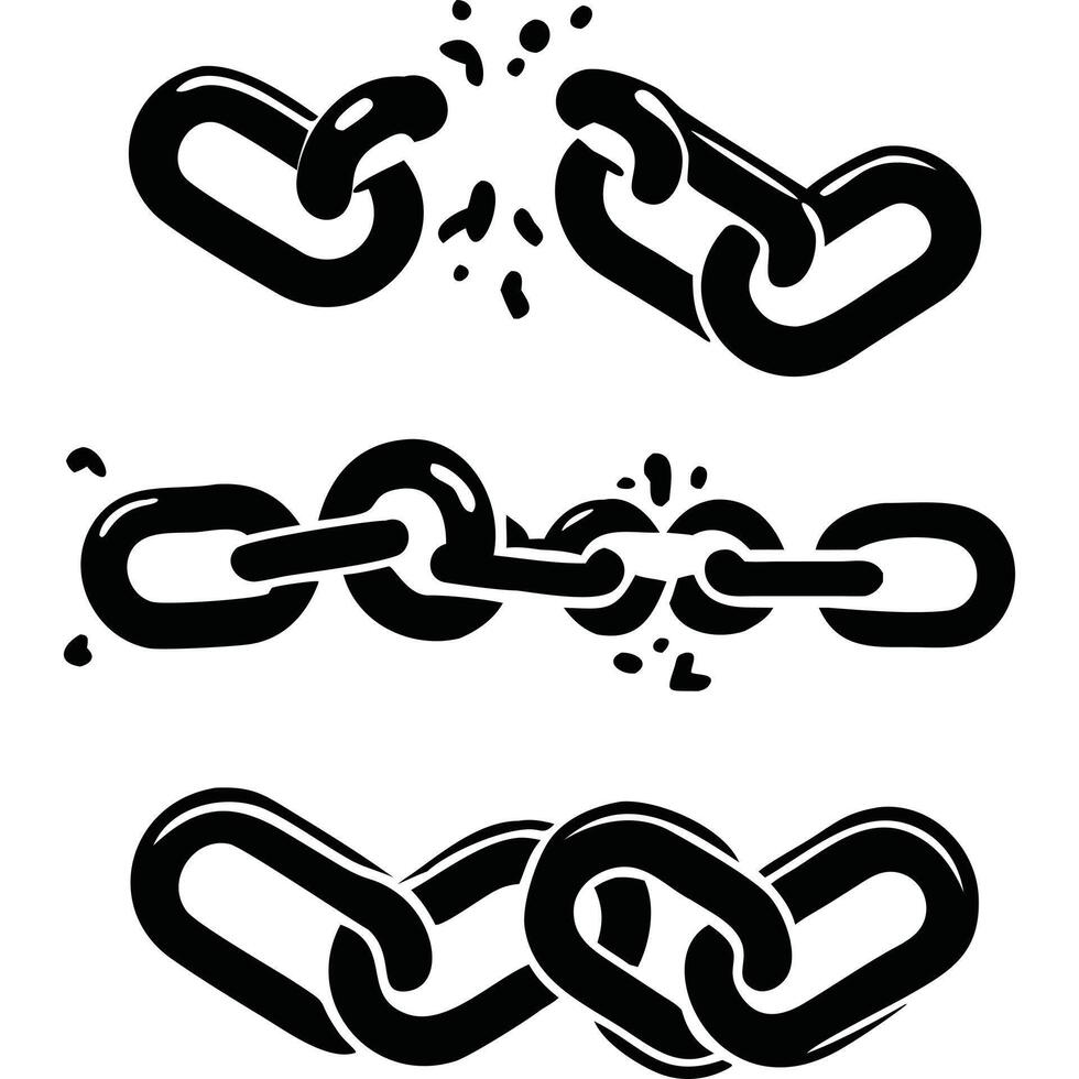 Three black chain link illustrations showing different stages of breaking. vector
