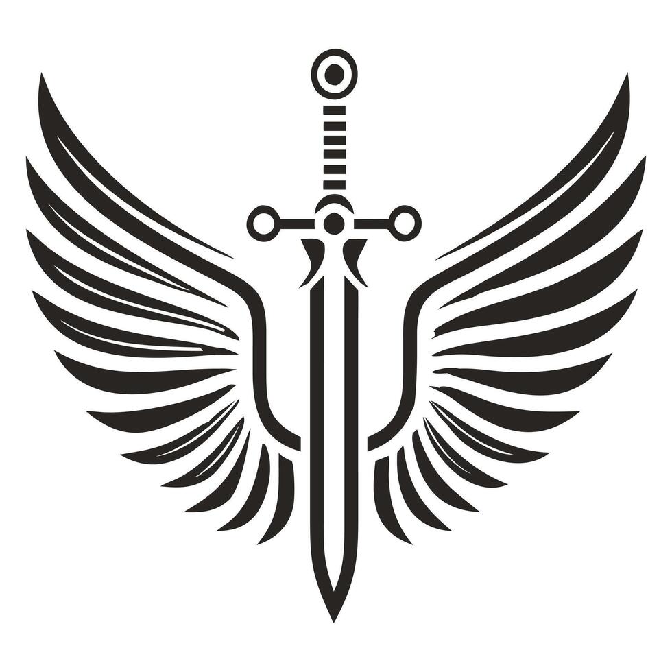 Stylized black and white illustration of a sword with wings. vector