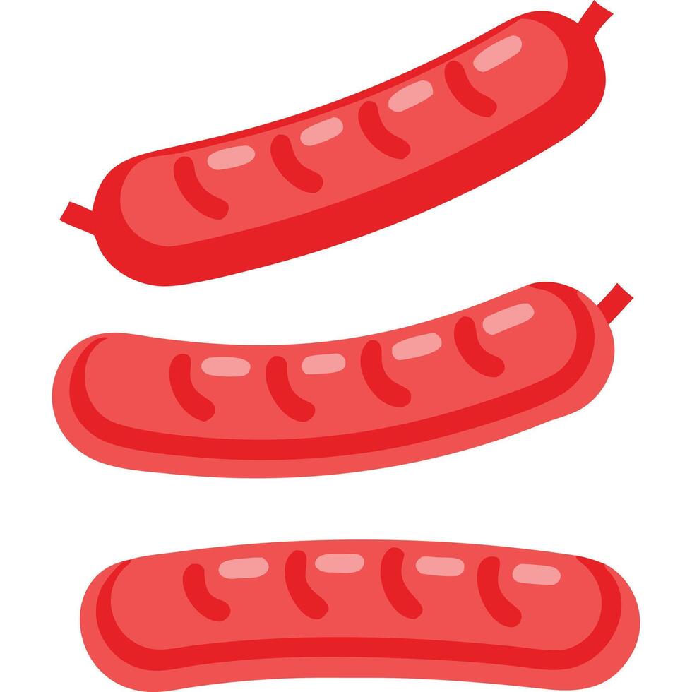 Three cartoon-style sausages, red, grilled, isolated on white background. vector