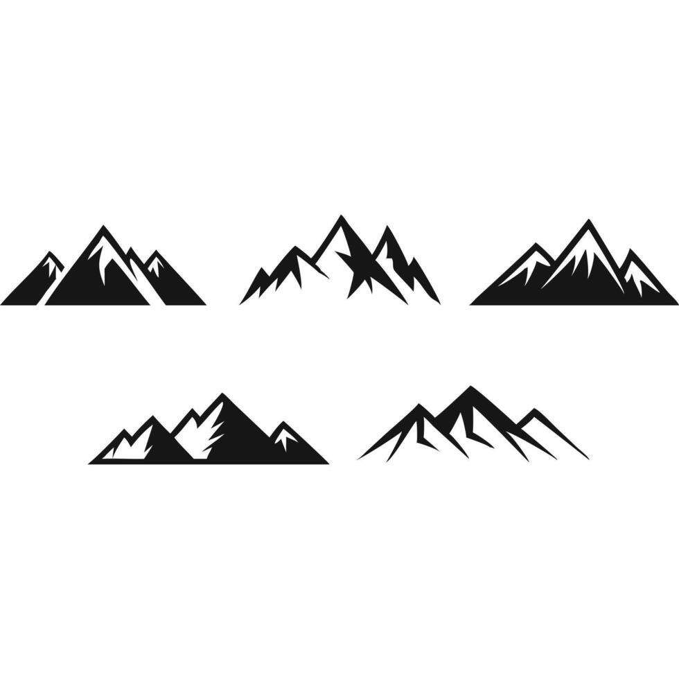 Collection of five minimalist black mountain range icons, perfect for logos or designs. vector