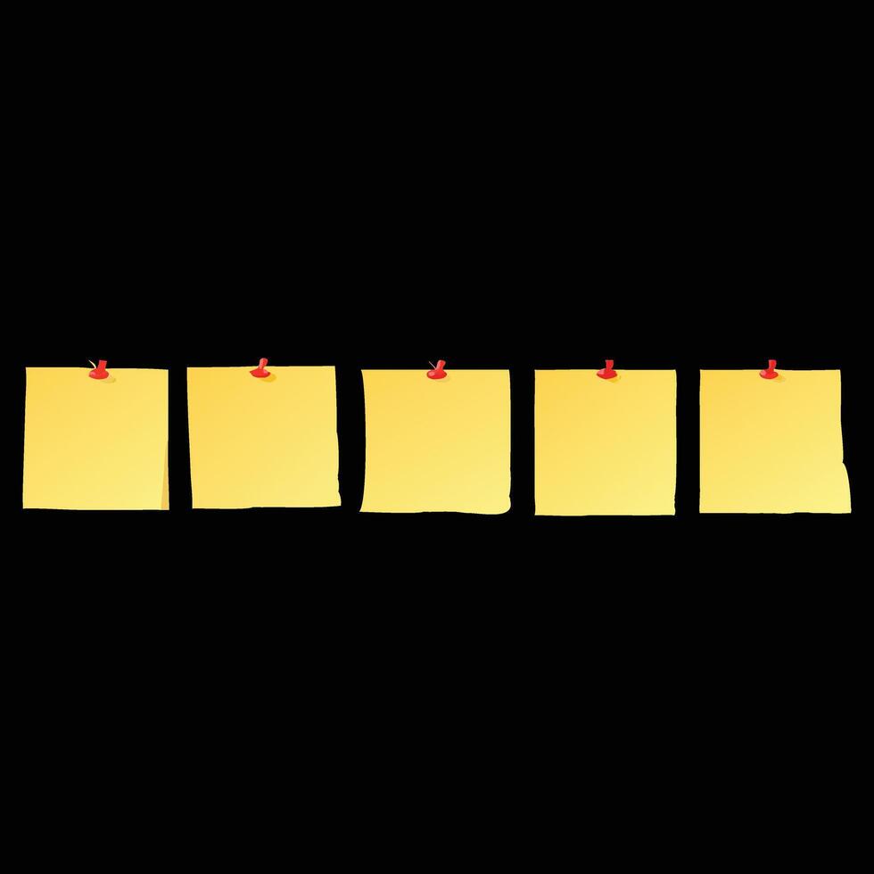 Five yellow sticky notes pinned to a black background, ideal for reminders or messages. vector