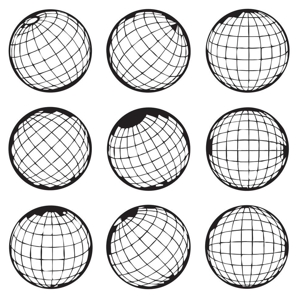 Nine hand-drawn globes, various angles, black and white, grid lines. vector