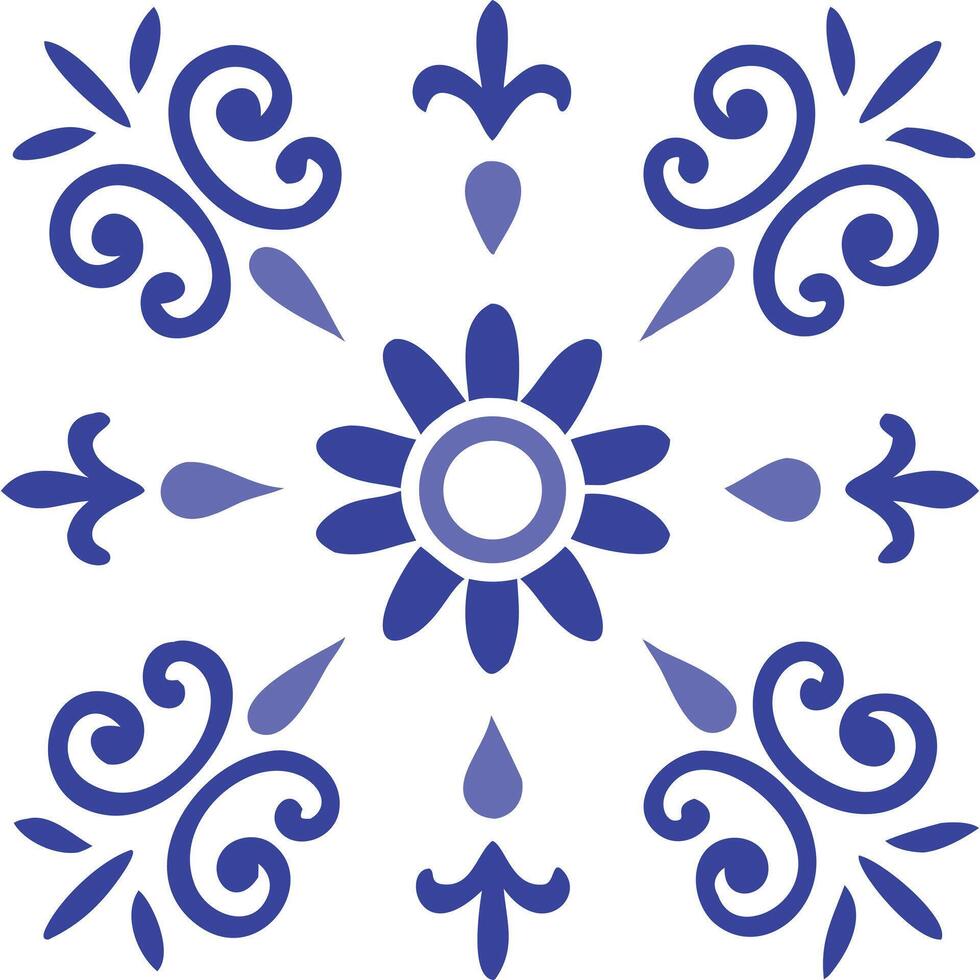 Blue and white floral tile pattern, decorative, square, symmetrical design. vector