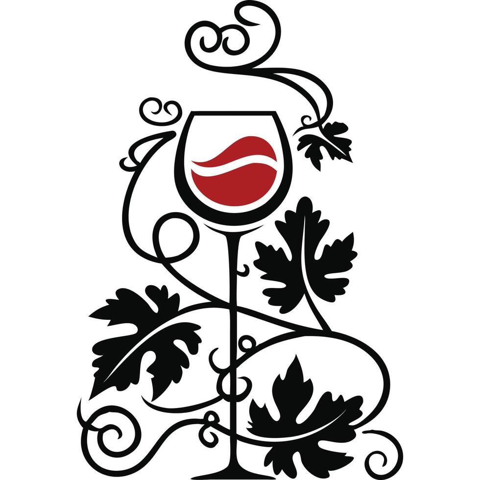Elegant wine glass graphic with stylized grape leaves and vines. vector