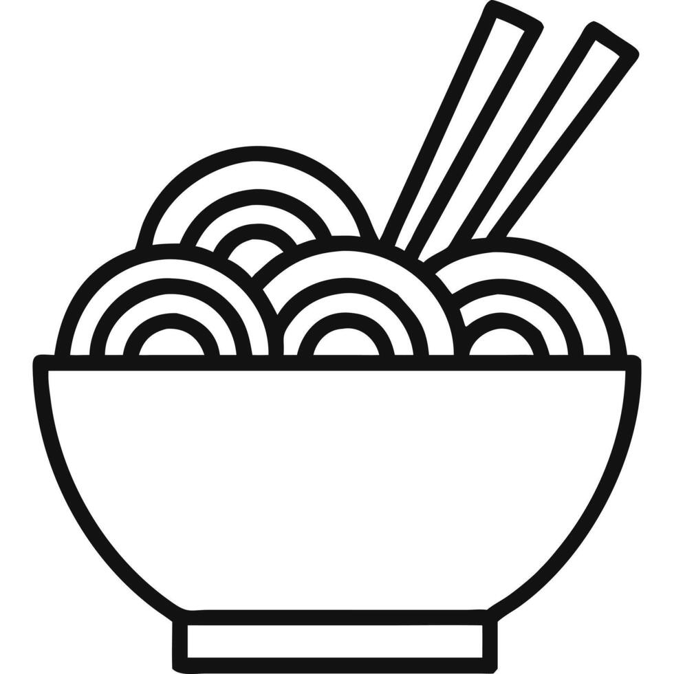 Simple line art illustration of a bowl of noodles with chopsticks. vector