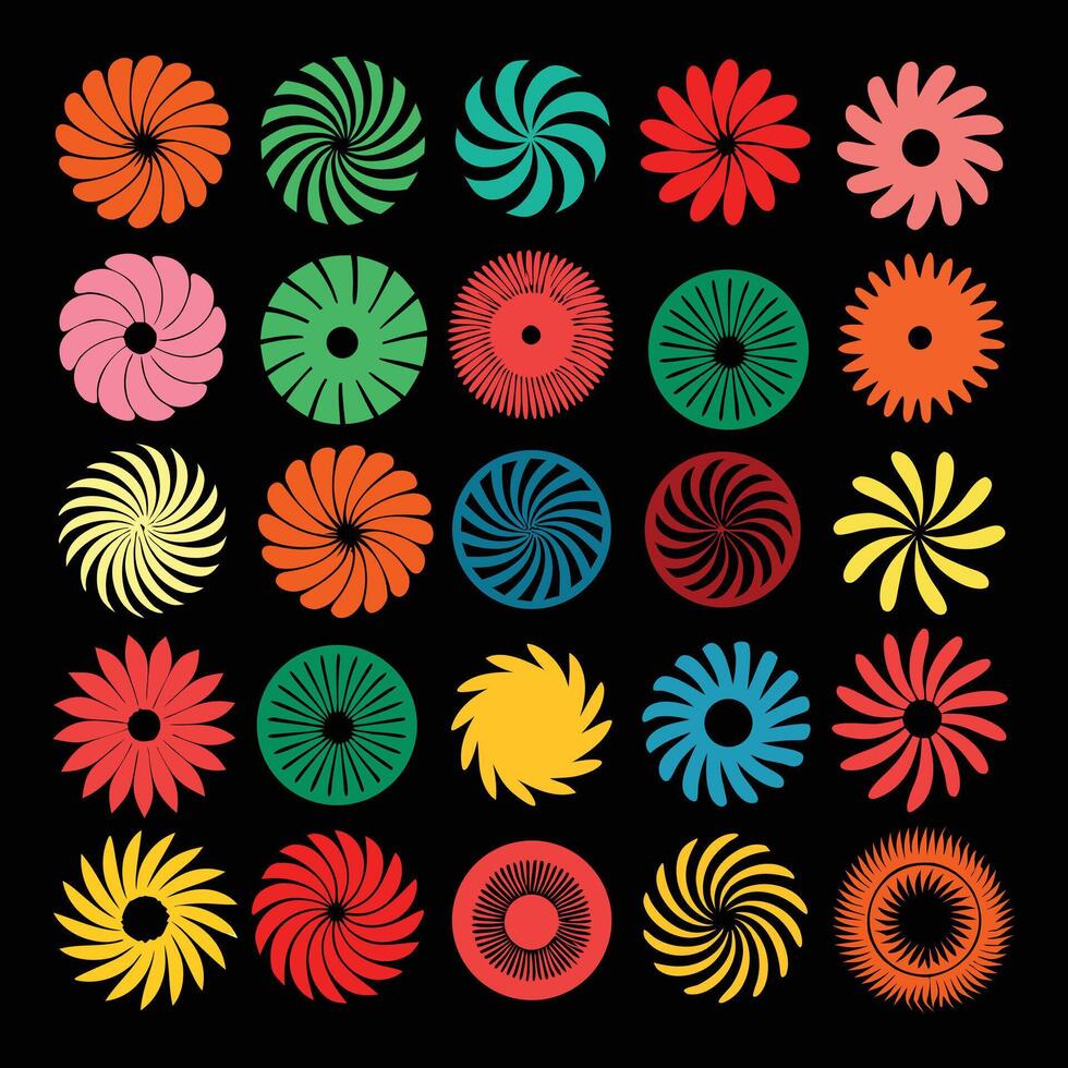 Collection of 25 vibrant, colorful abstract floral designs perfect for textile prints, logos, and patterns. vector