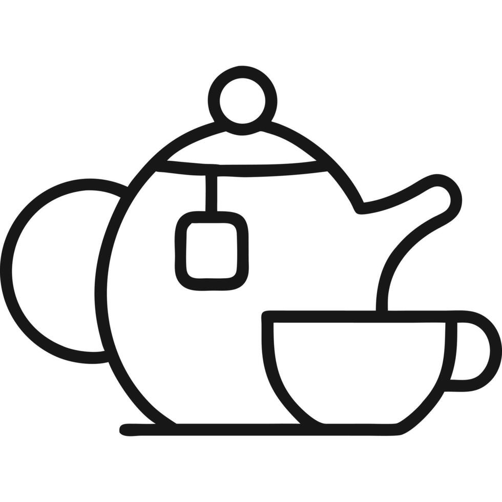 Simple line art illustration of a teapot and teacup with tea bag. vector