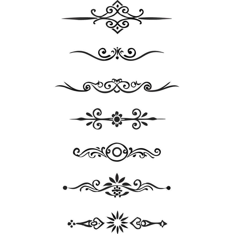 Seven elegant black decorative dividers, perfect for design projects. vector