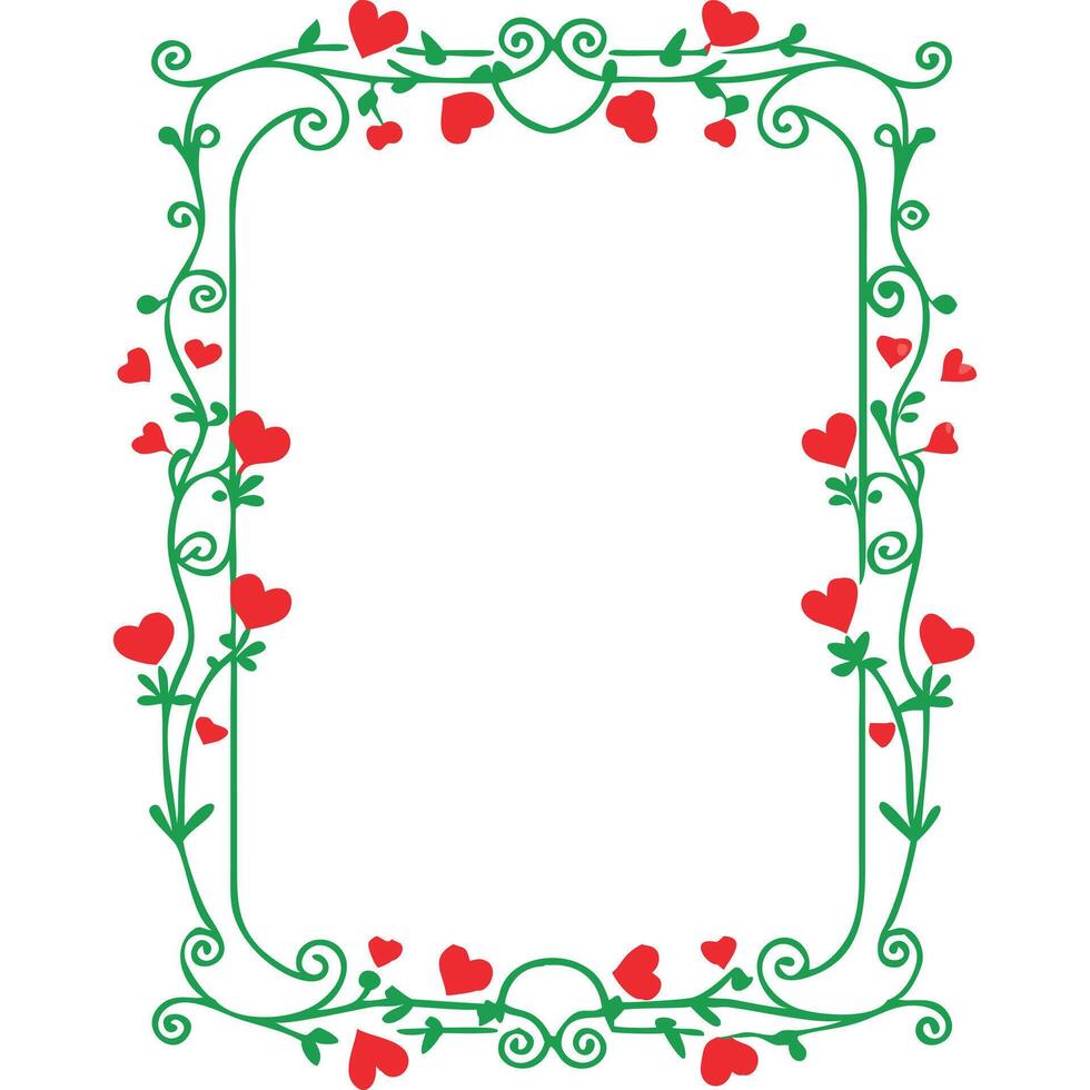 Romantic green vine frame with red hearts, perfect for Valentine's Day or wedding invitations. vector