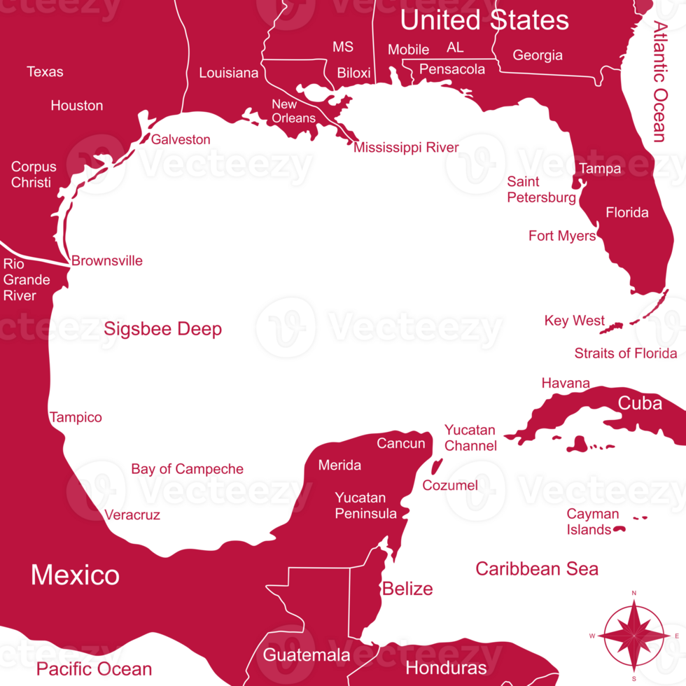 Map of the Gulf Coast, geographic area in the extreme southern United States along the northern portion of the Gulf of Mexico. Easy to Use for Graphic Design. png