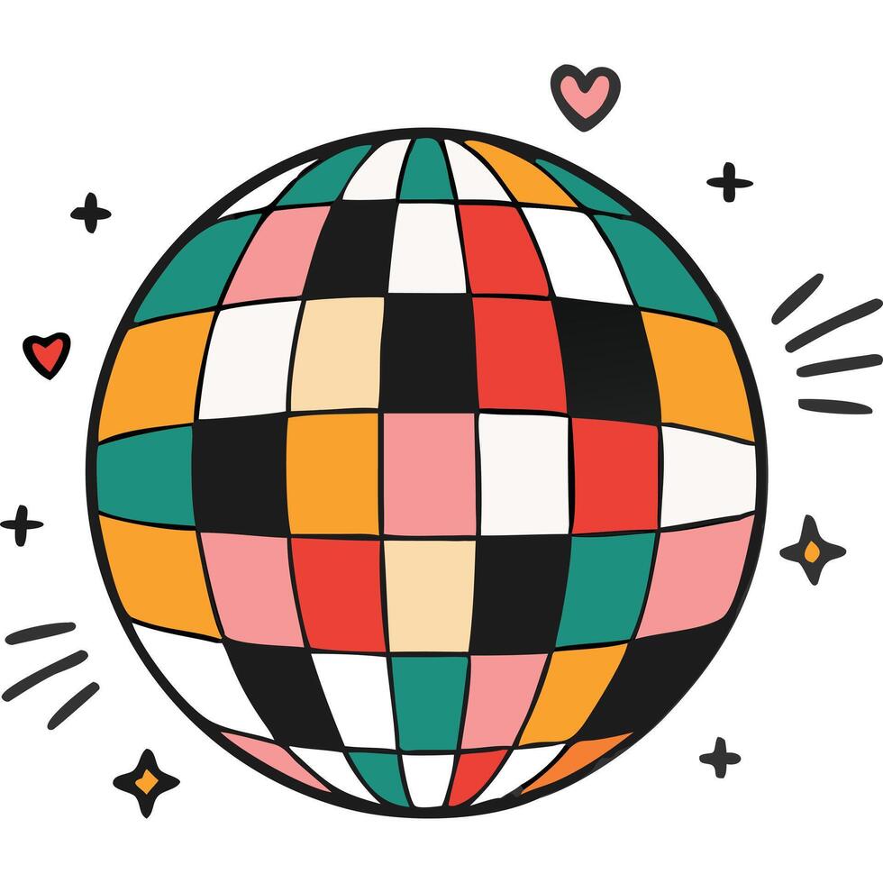 Colorful illustrated disco ball with hearts and stars, perfect for party invitations or decorations. vector