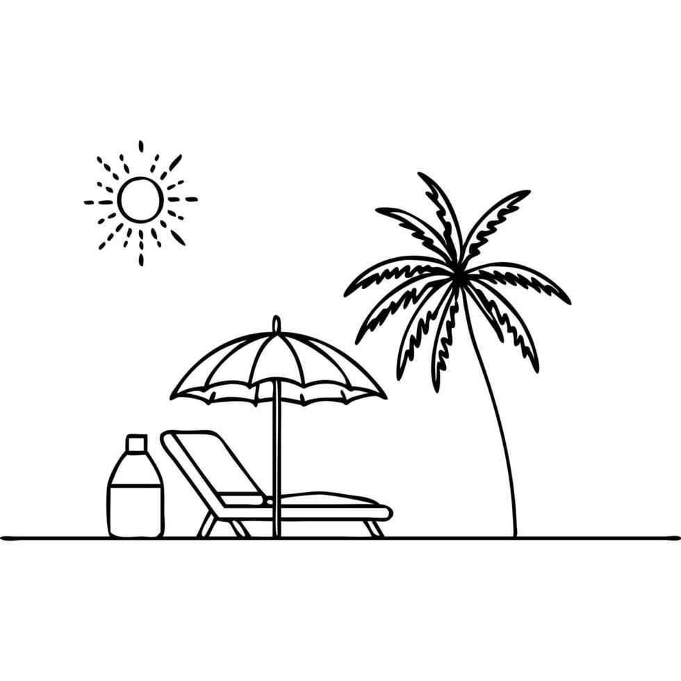 Minimalist Beach Scene with Sun, Umbrella, and Palm Tree vector