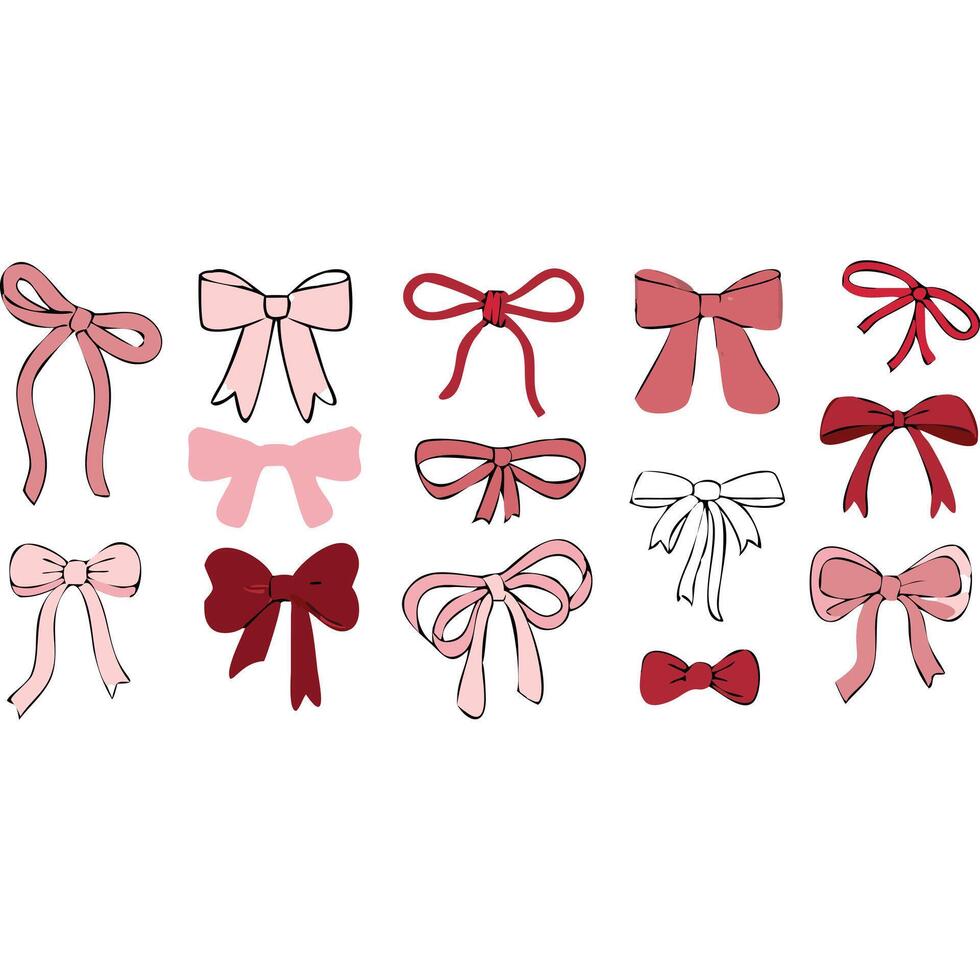 Collection of hand-drawn pink and red bows, perfect for gift wrapping, cards, and design projects. vector