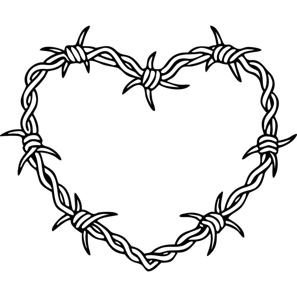 Barbed wire heart shape, black and white, line art, tattoo design. vector