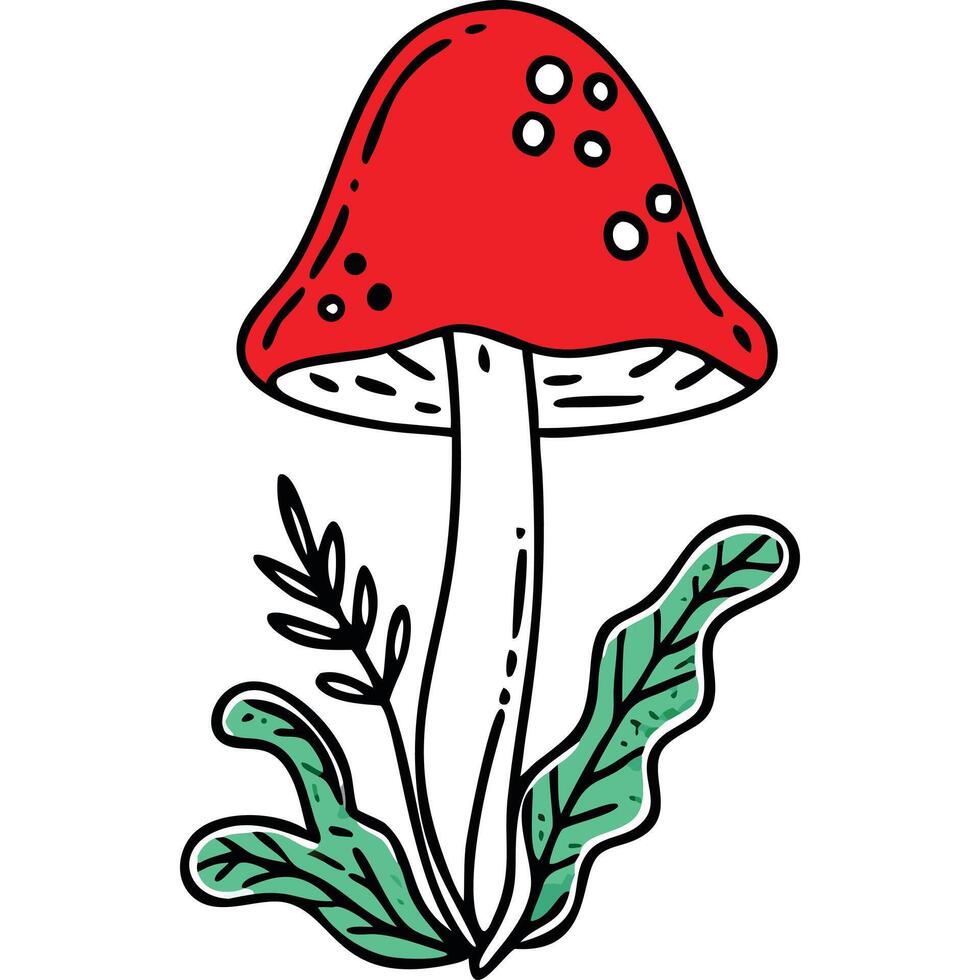 Hand-drawn illustration of a red mushroom with green leaves, perfect for autumn designs. vector