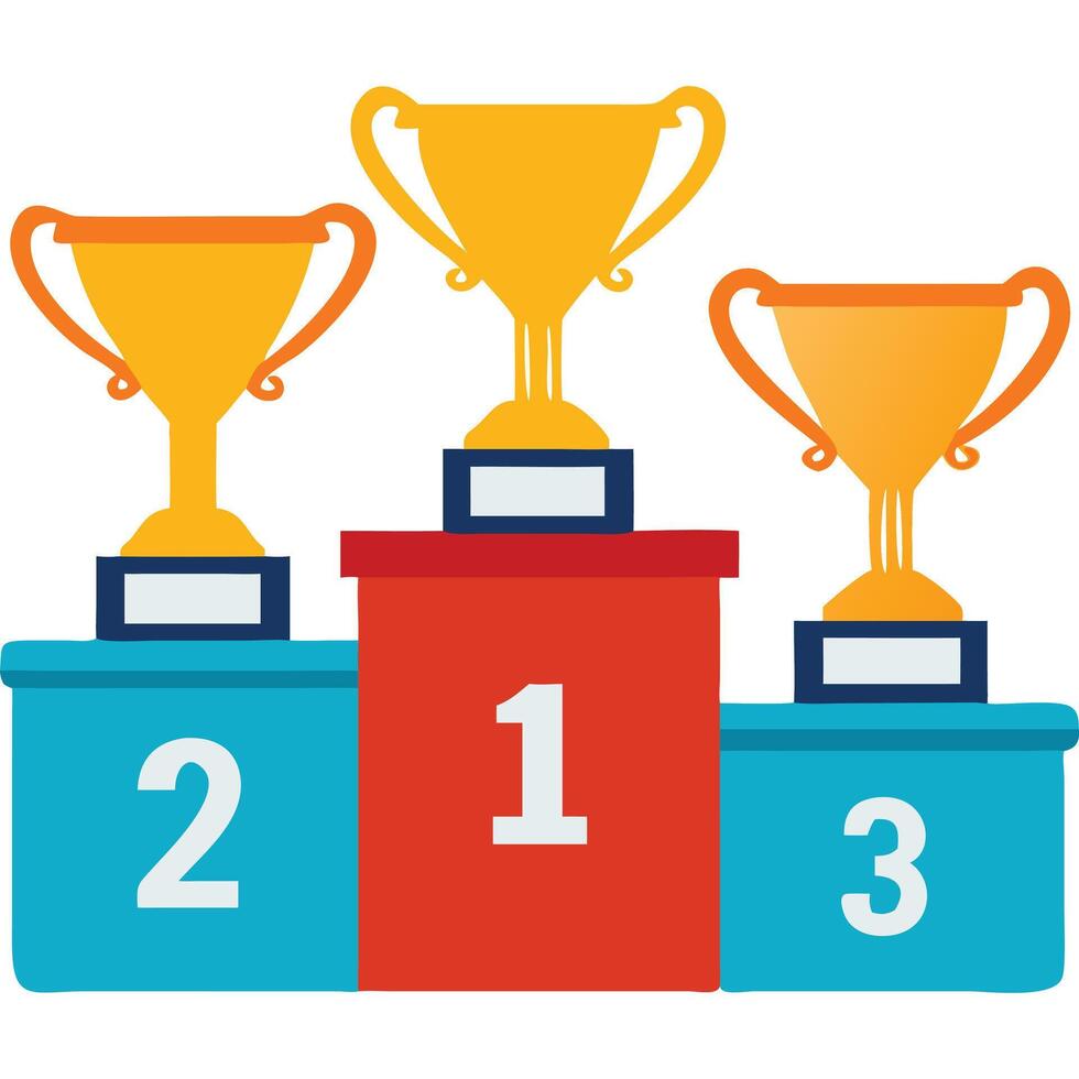Three gold trophy cups on a winners podium, celebrating first, second, and third place. vector