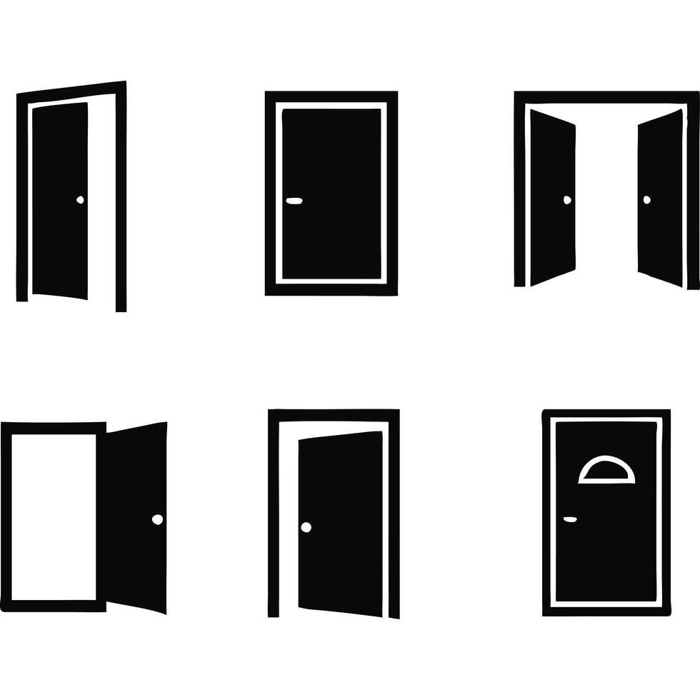 Six simple black door icons open, closed, and double doors in various positions. vector