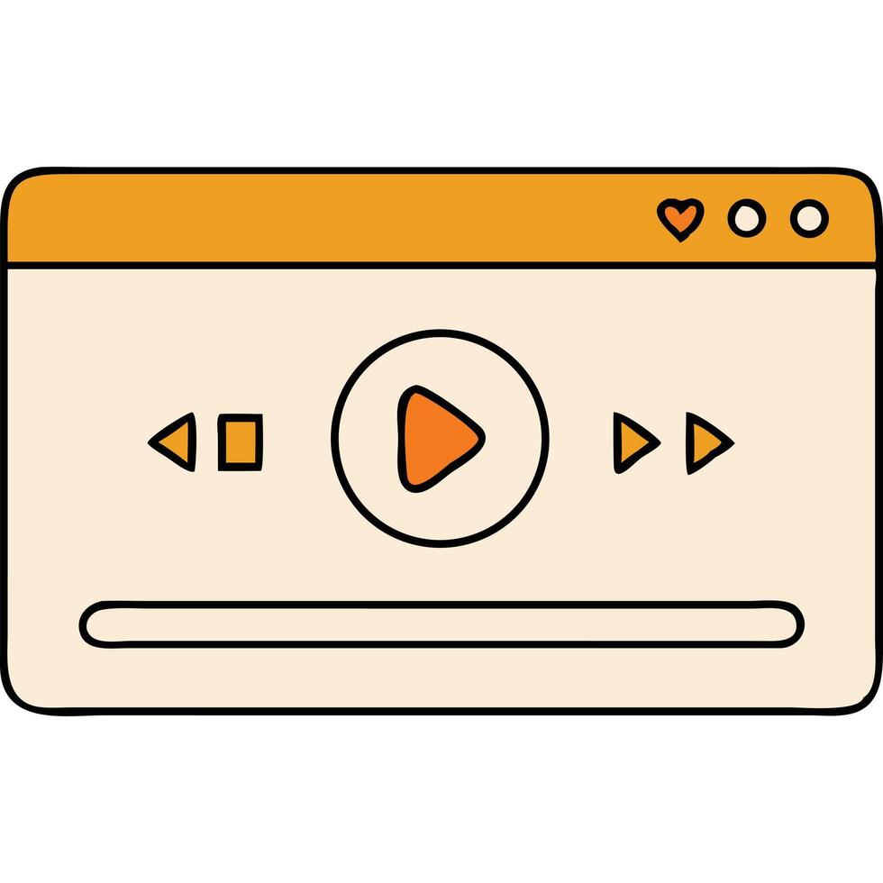 Cute cartoon illustration of a media player window with play, pause, and skip buttons. vector