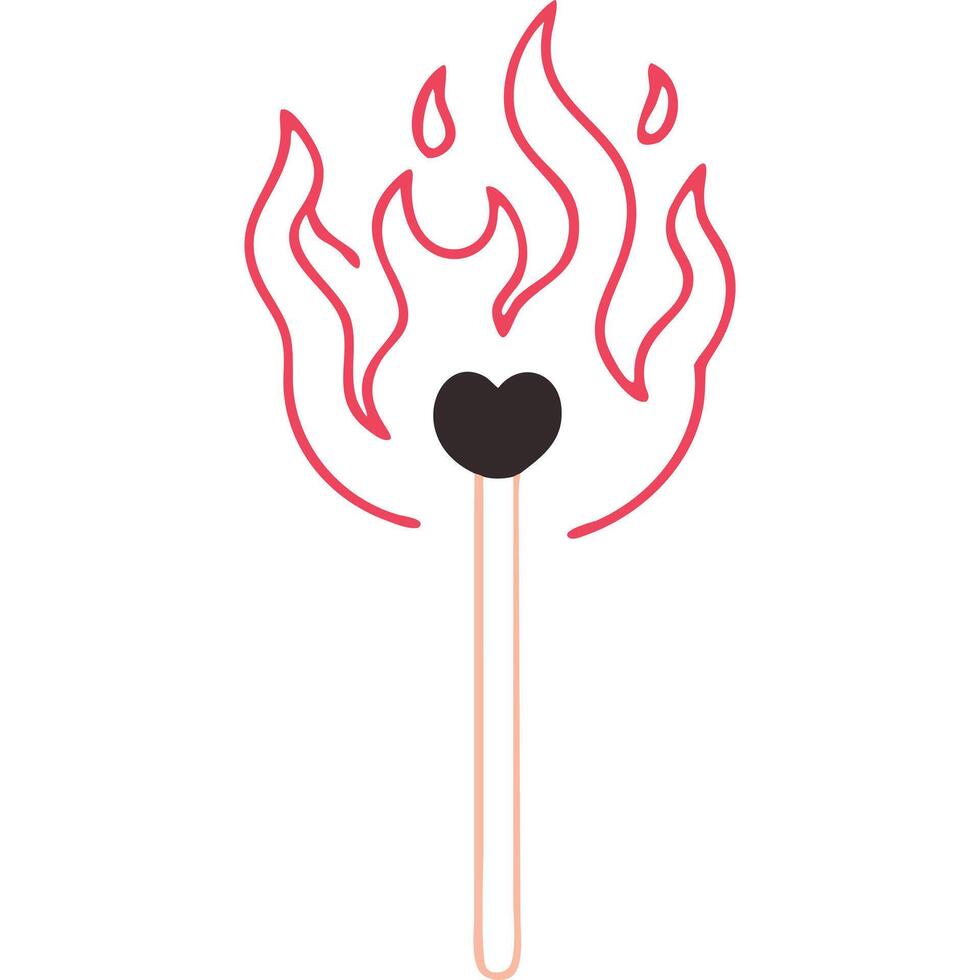Burning matchstick with a heart shaped flame minimalist design, romantic concept. vector