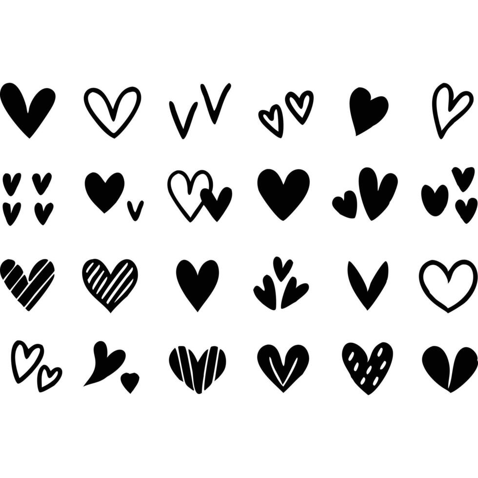 Collection of hand-drawn black hearts various shapes and styles perfect for Valentine's Day. vector