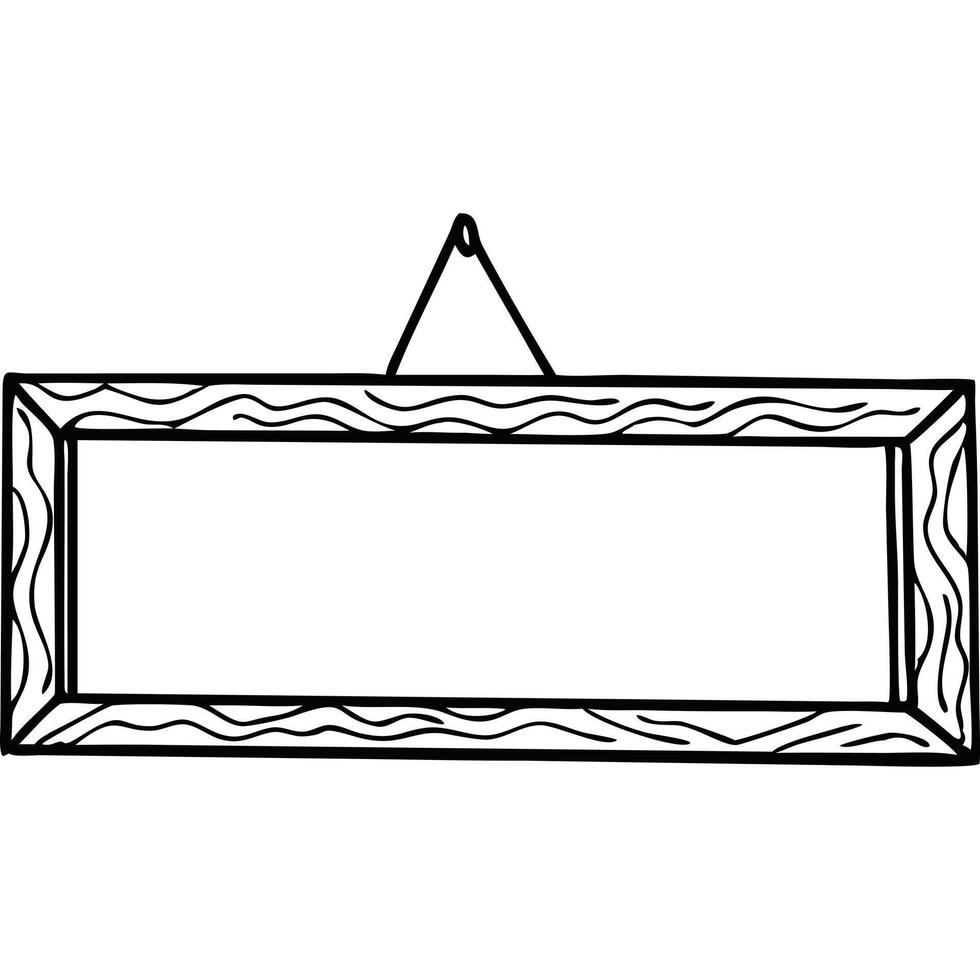 Hand-drawn illustration of a hanging rectangular wooden frame with a textured wood grain pattern. vector