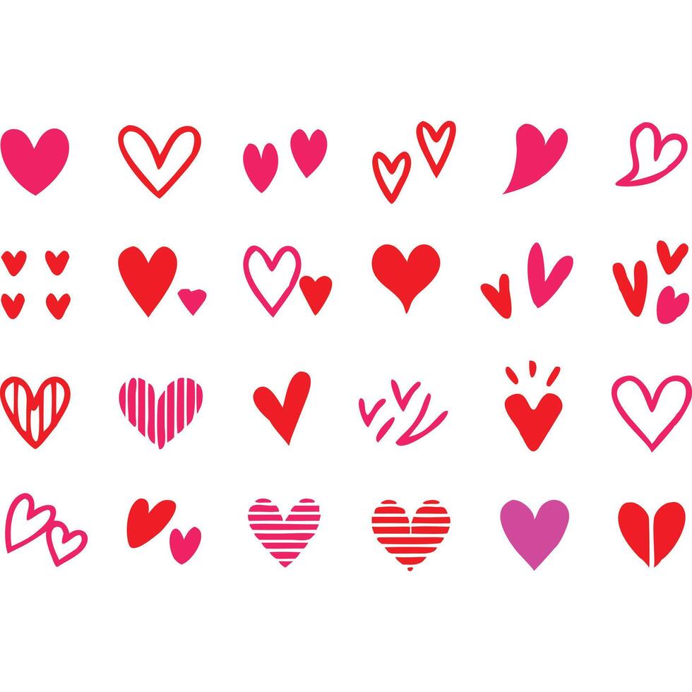 Collection of hand-drawn hearts in various styles, colors, and sizes, perfect for Valentine's Day. vector