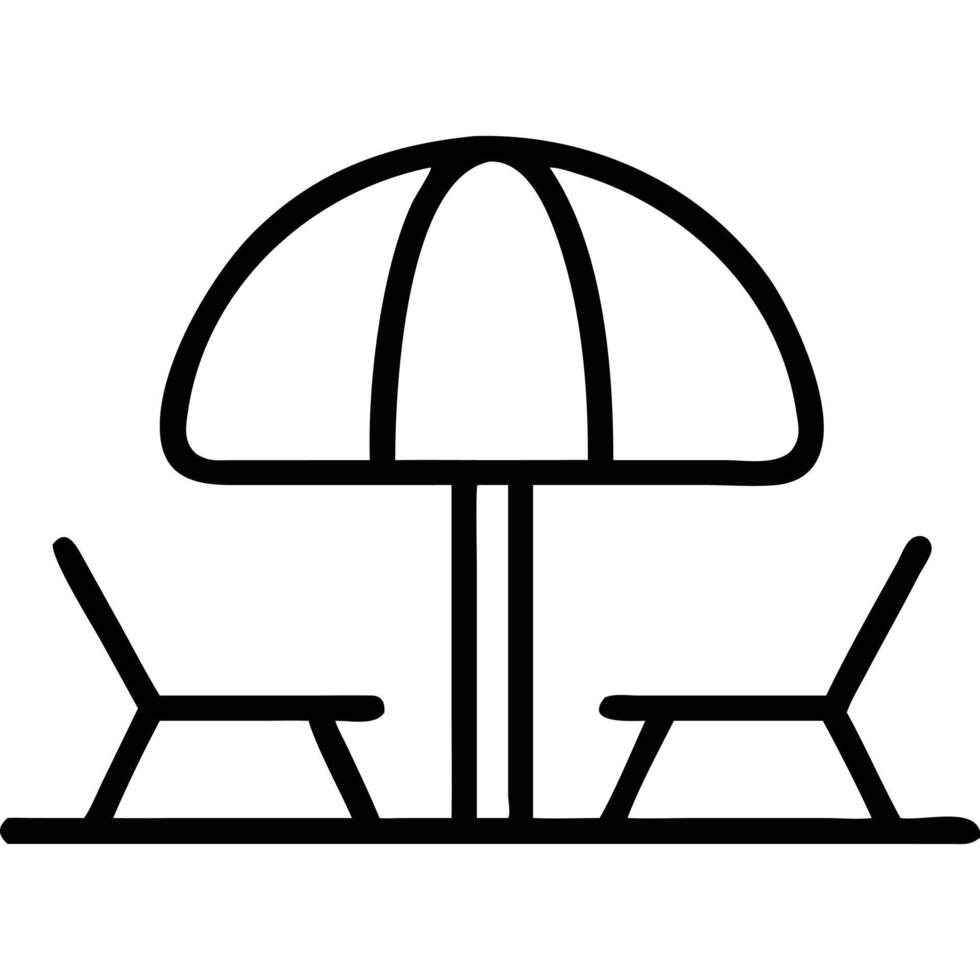 Line art icon of two lounge chairs under a beach umbrella. vector