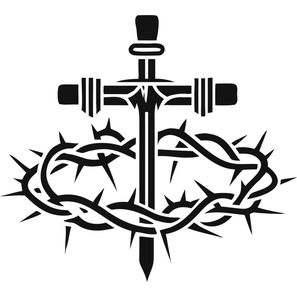 Stylized black and white cross with crown of thorns, religious symbol. vector