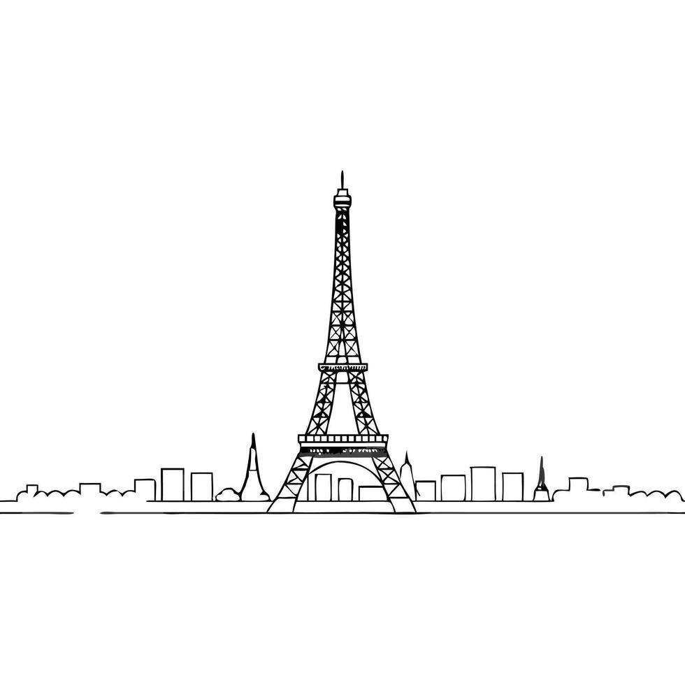 Hand-drawn illustration of the Eiffel Tower and Parisian skyline, simple line art. vector