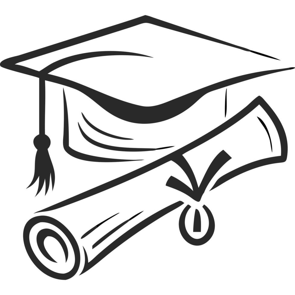 Graduation cap and diploma illustration, black and white sketch style. vector