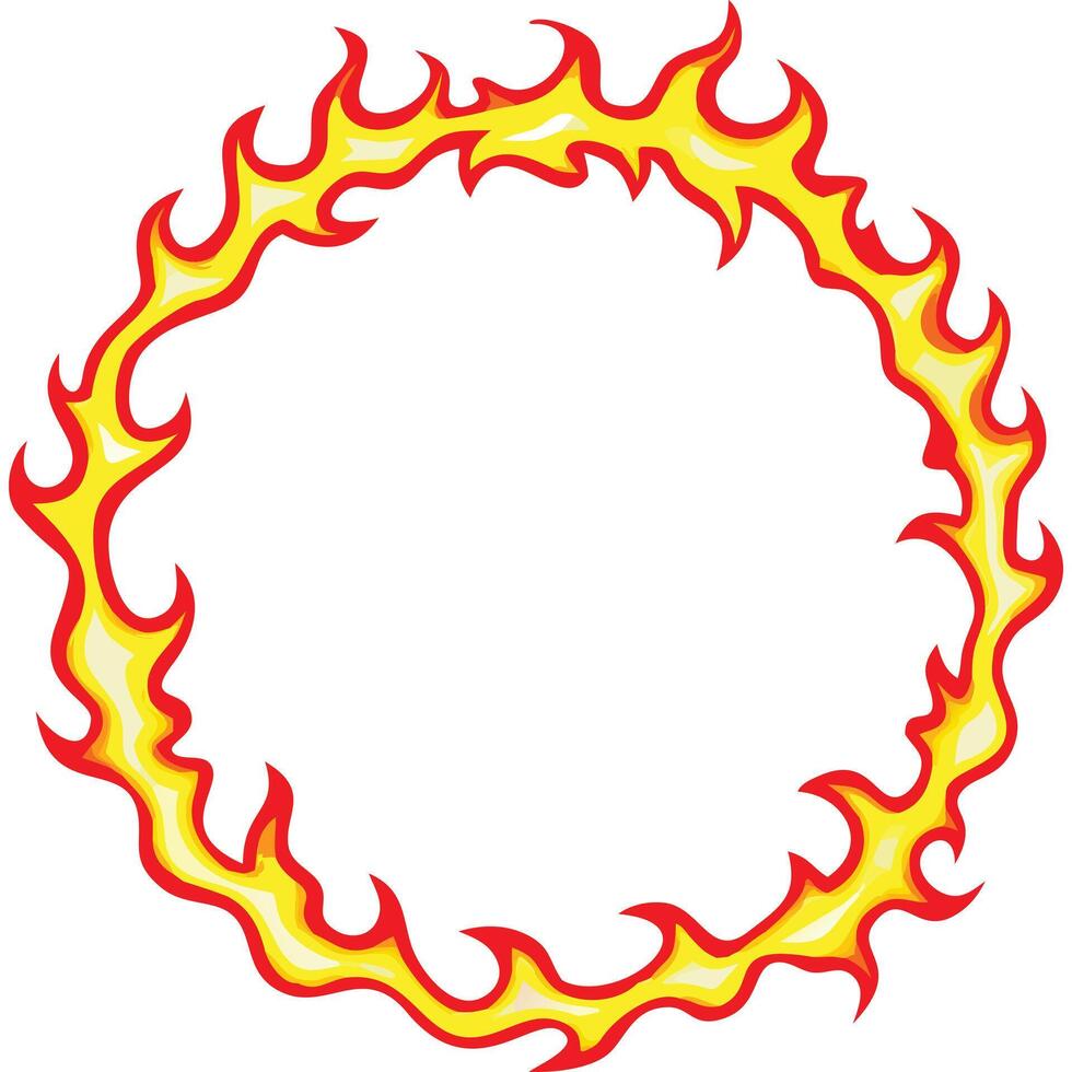 Fiery circular frame, red and yellow flames, cartoon style, perfect for design. vector