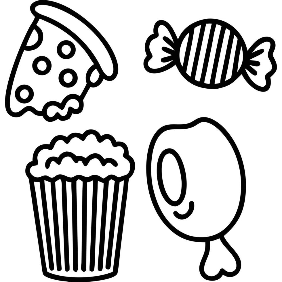 Hand-drawn black and white illustration of pizza, candy, popcorn. vector
