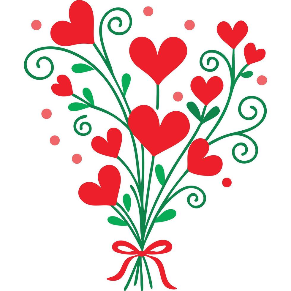 Charming bouquet of red heart-shaped flowers tied with a red ribbon. vector