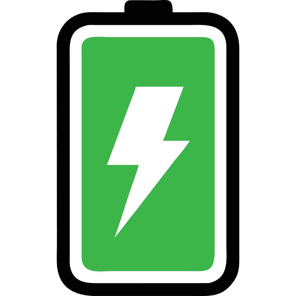 Green battery icon with white lightning bolt, indicating full charge and power. vector