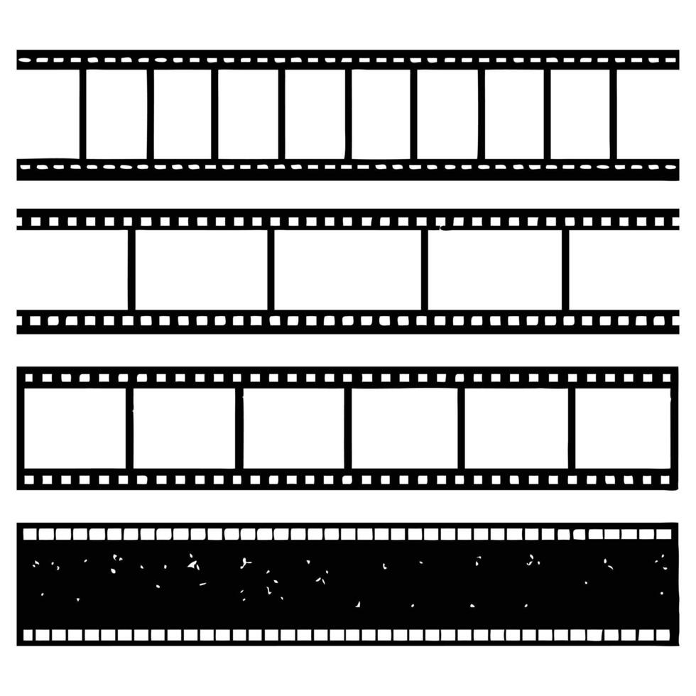 Four film strips, various lengths, blank frames, classic movie reel design. vector