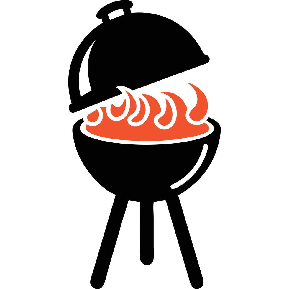 Simple black and orange icon of a barbecue grill with flames. vector