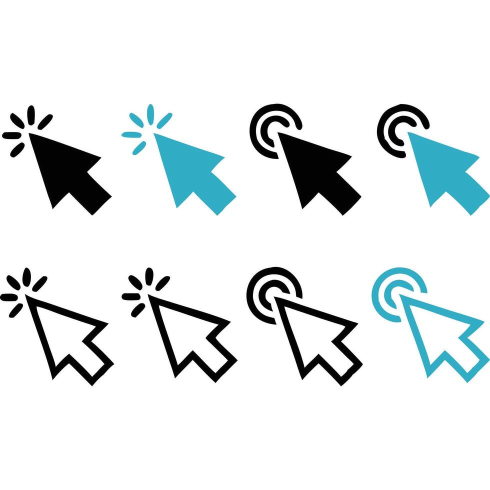 Collection of cursor icons click, hover, pointer, black, blue, variations. vector
