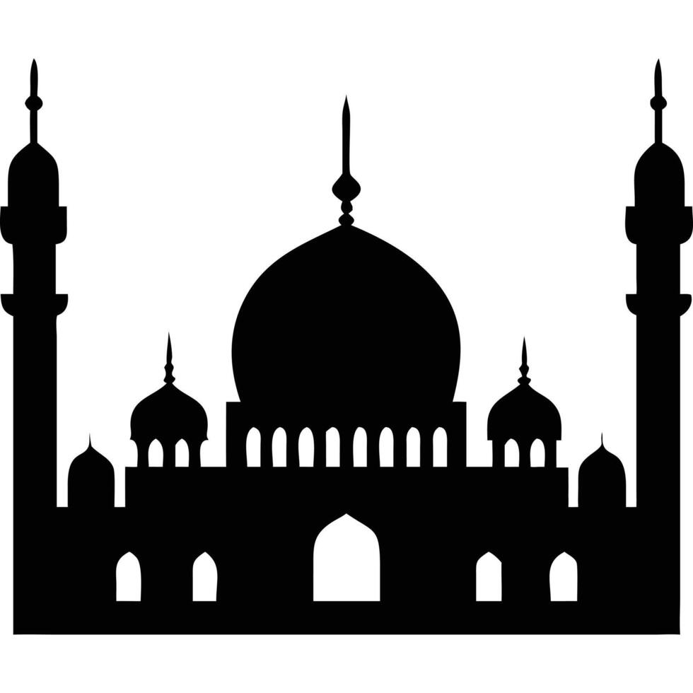 Black silhouette of a mosque with two minarets and a central dome. vector
