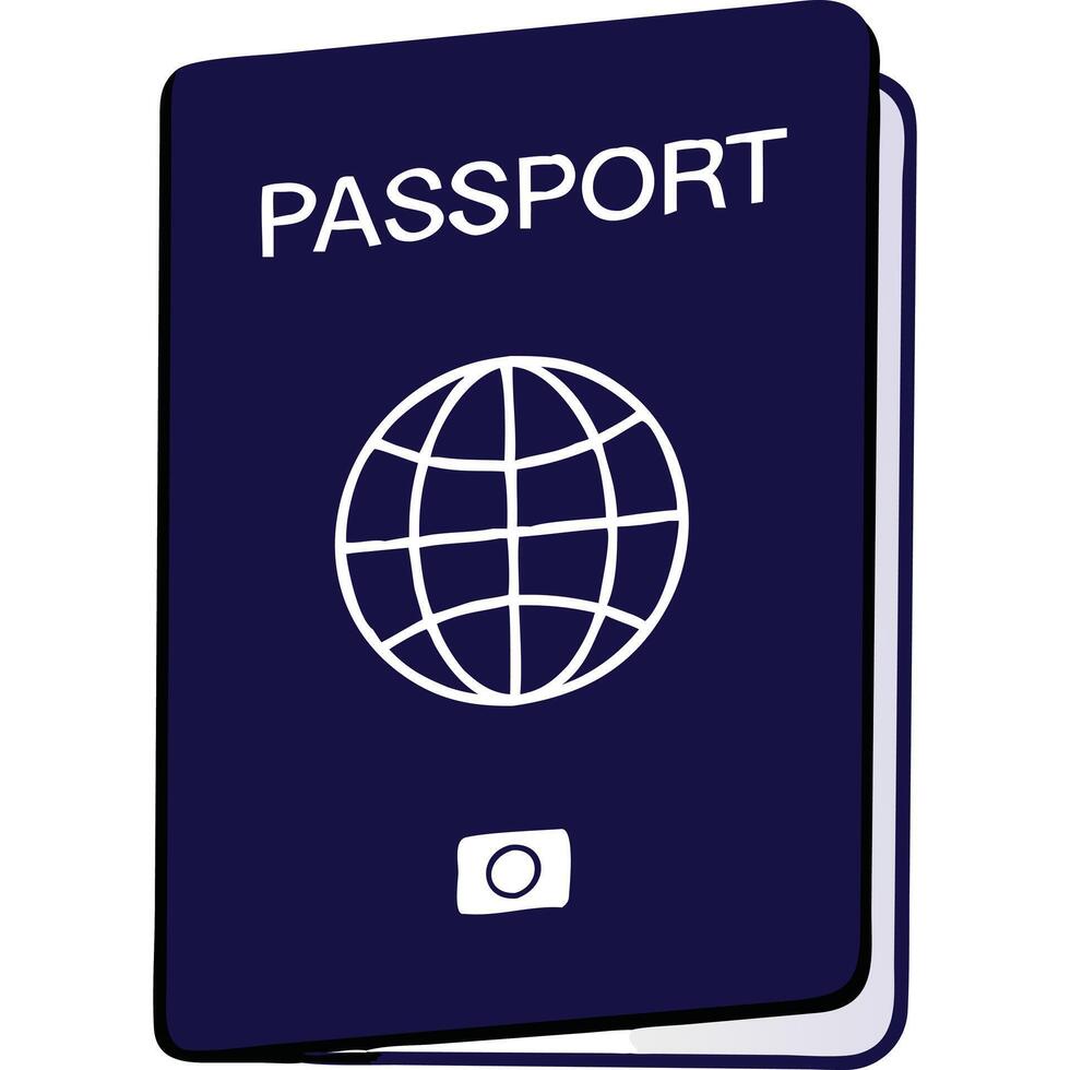 Dark blue passport illustration with a globe and photo icon. vector