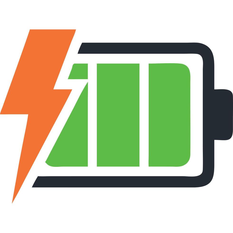 Green battery charging icon with orange lightning bolt, full power, energy. vector