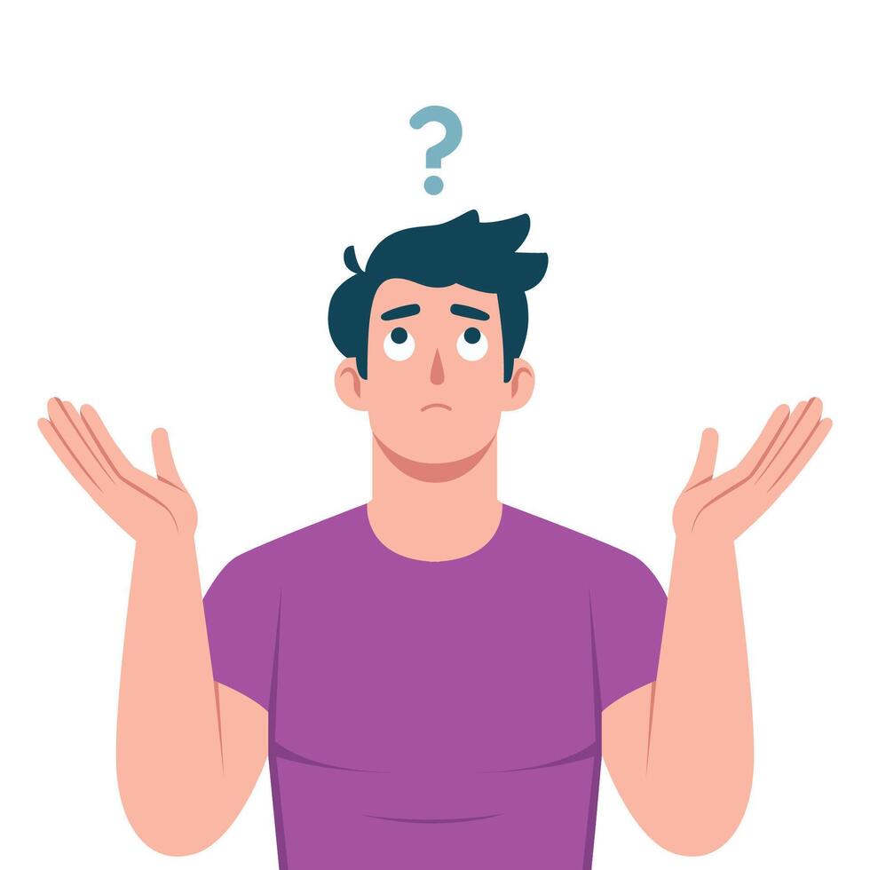 A perplexed man with a question mark above his head shrugs vector