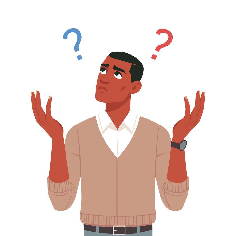 Baffled Man Pondering between blue and red thoughts searching for answers, cartoon illustration vector