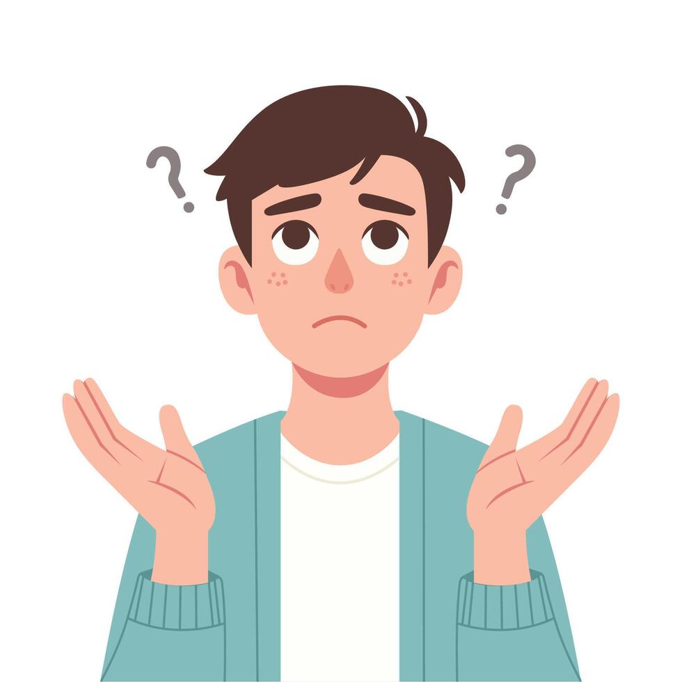 Baffled youth eyes up palms up and question marks hover, cartoon illustration vector
