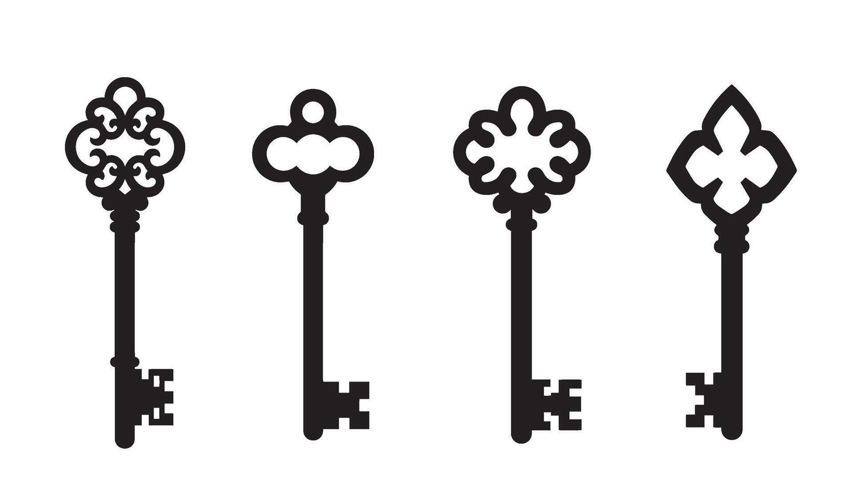 Decorative antique key set element silhouette bundle vintage lock access symbols classic security shapes for elegant retro style design collection vector