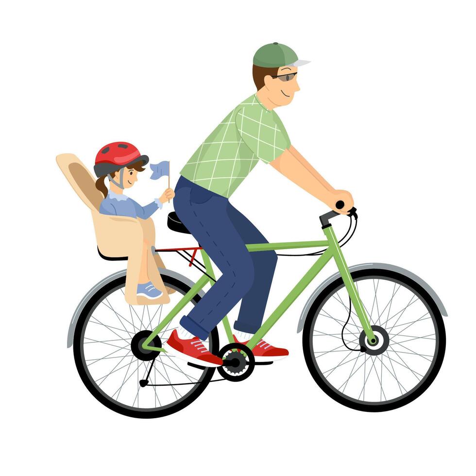 The father rides a bicycle with the child in the child seat. Bicycle riding. Family holiday. Dad with daughter. illustration in flat style isolated on white background. vector
